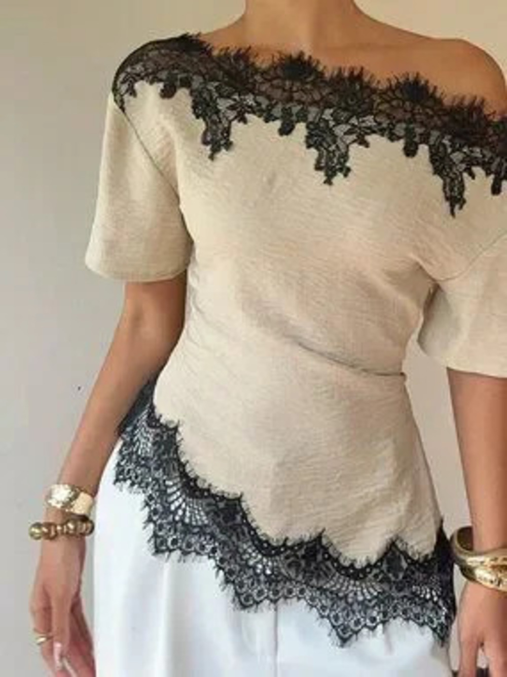 Apricot Casual Women's Lace-Paneled Off-The-Shoulder Blouse